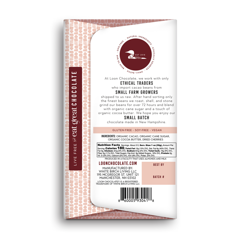 Nutrition facts and ingredients for 70% Dark Chocolate w/ Dried Cherry from Loon Chocolate