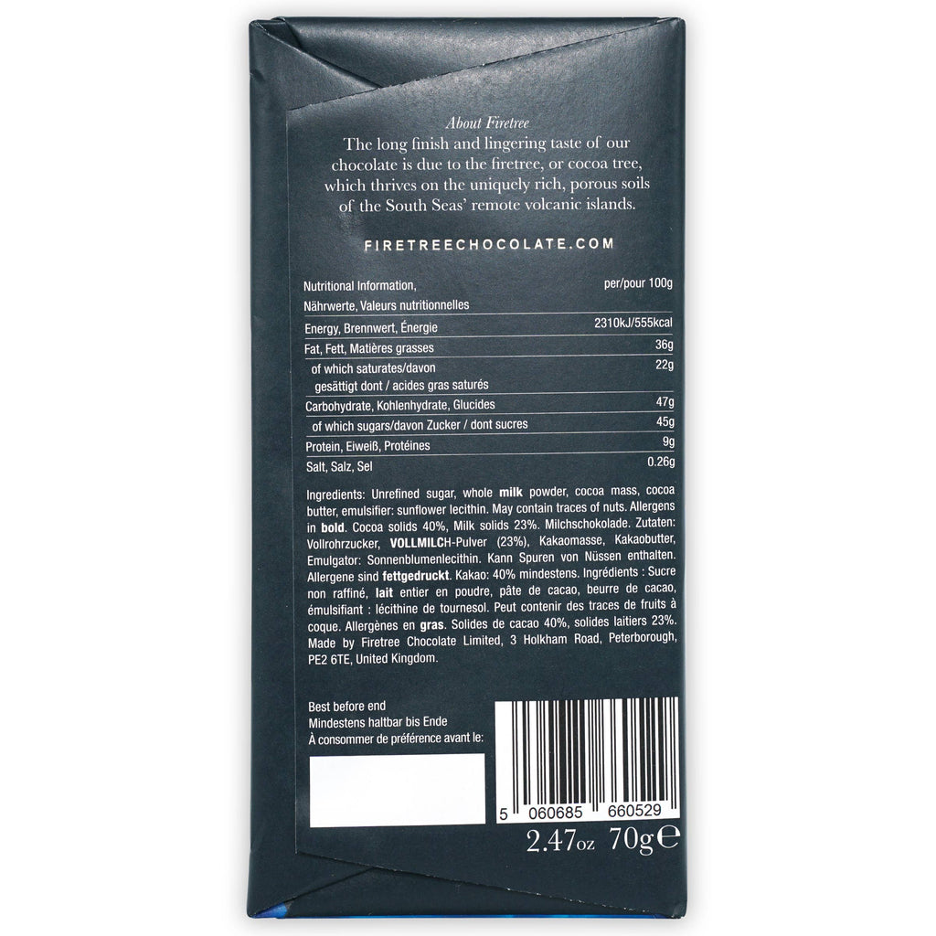 Nutrition facts and ingredients for Milk Solomon Islands 40% (Volcanic Chocolate) against a white background