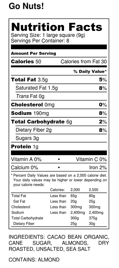 Nutrition facts and ingredients for Go Nuts: 68% dark chocolate with roasted almonds & sea salt bar