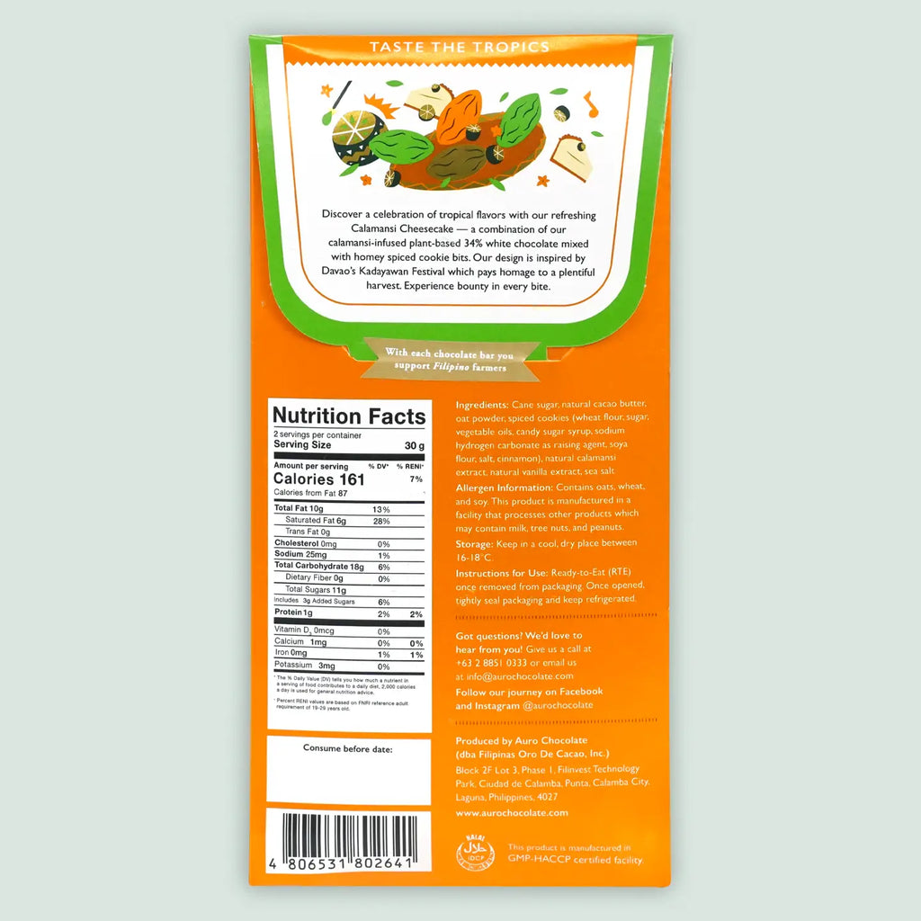 A picture of the back of the packaging of an Auro White Chocolate Calamansi Cheesecake Bar with nuttition and allergy information against a light background