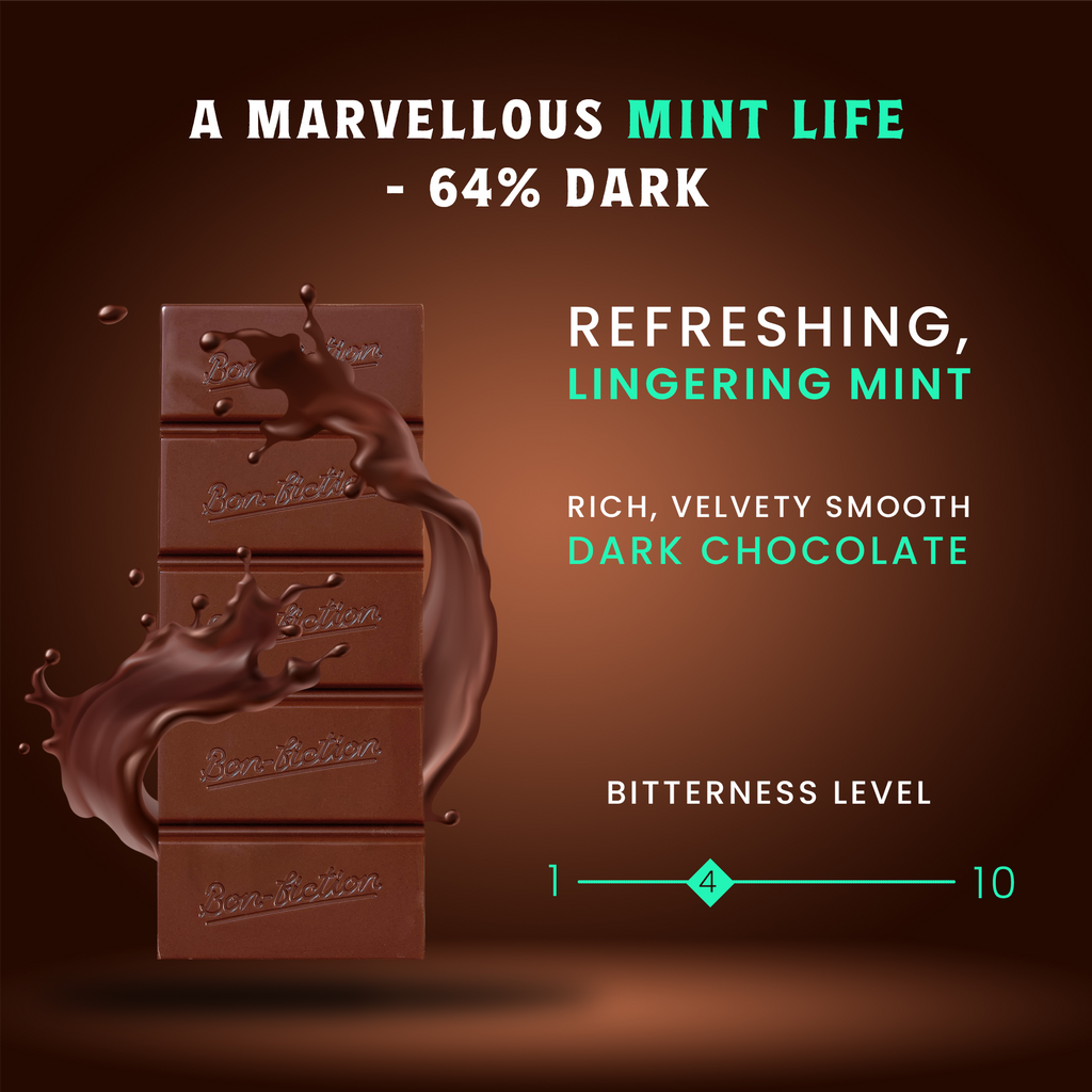 An unwrapped Marvelous Mint Life Bon Fiction Bar with a splash of liquid chocolate surrounding it, and adjectives that describe the bar are to the right of it. There is a "Bitterness Level" scale from 1-10 at the bottom of the picture. The picture has a chocolate-brown background.
