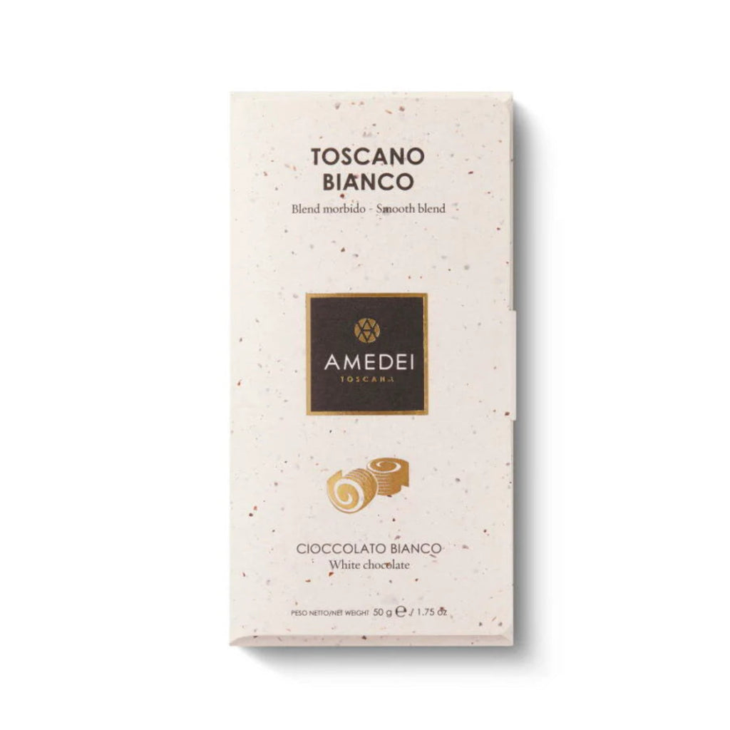 Amedei Toscano Bianco white chocolate bar packaging on a white background