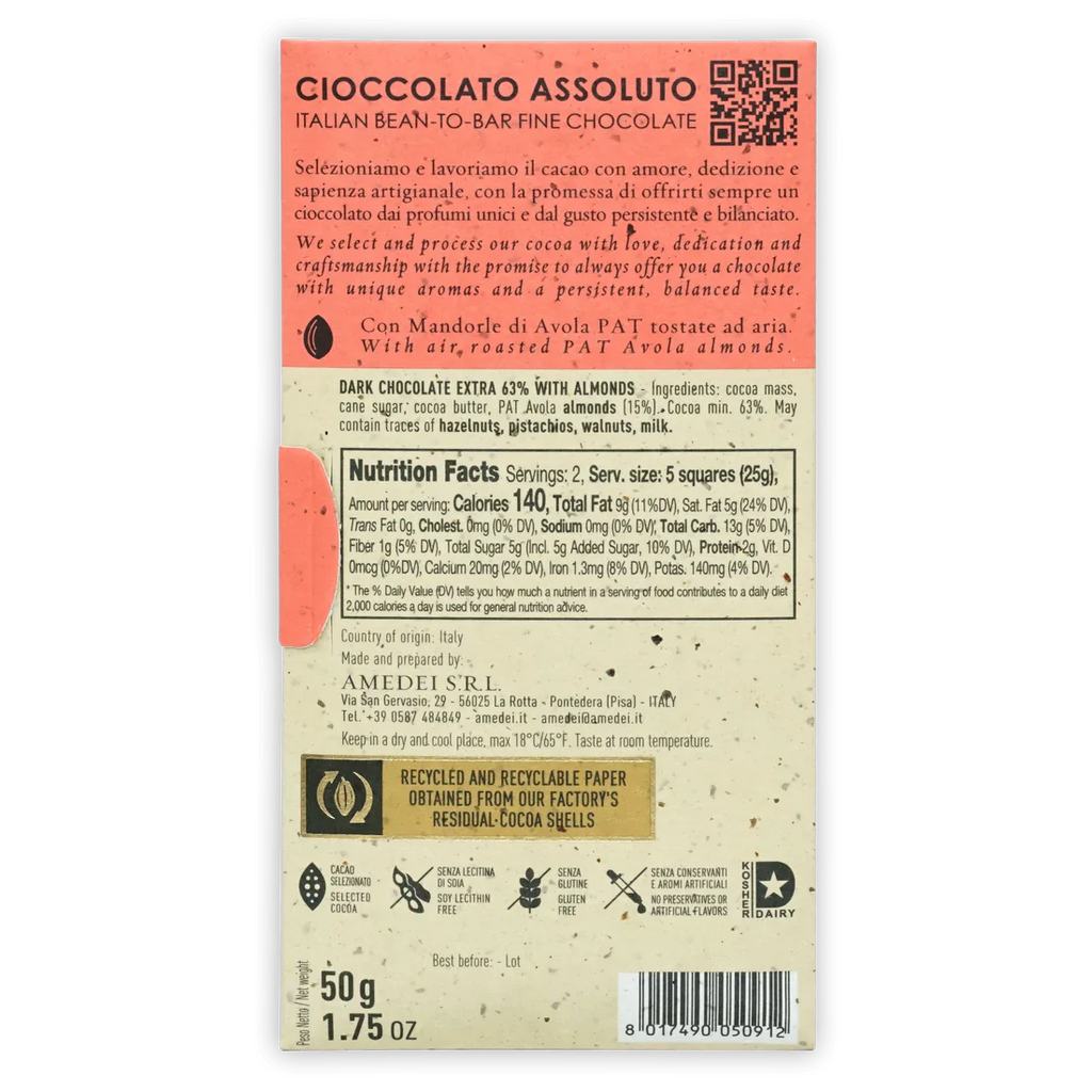 The back of a wrapped Dark Chocolate with Almonds Bar from Amedei Chocolate.