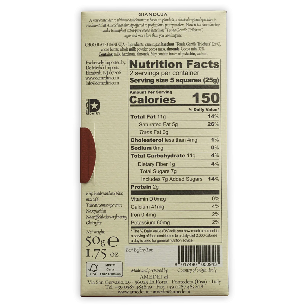 The back of a wrapped Toscano Nut Brown Chocolate Bar Chocolate Bar from Amadei Chocolate.