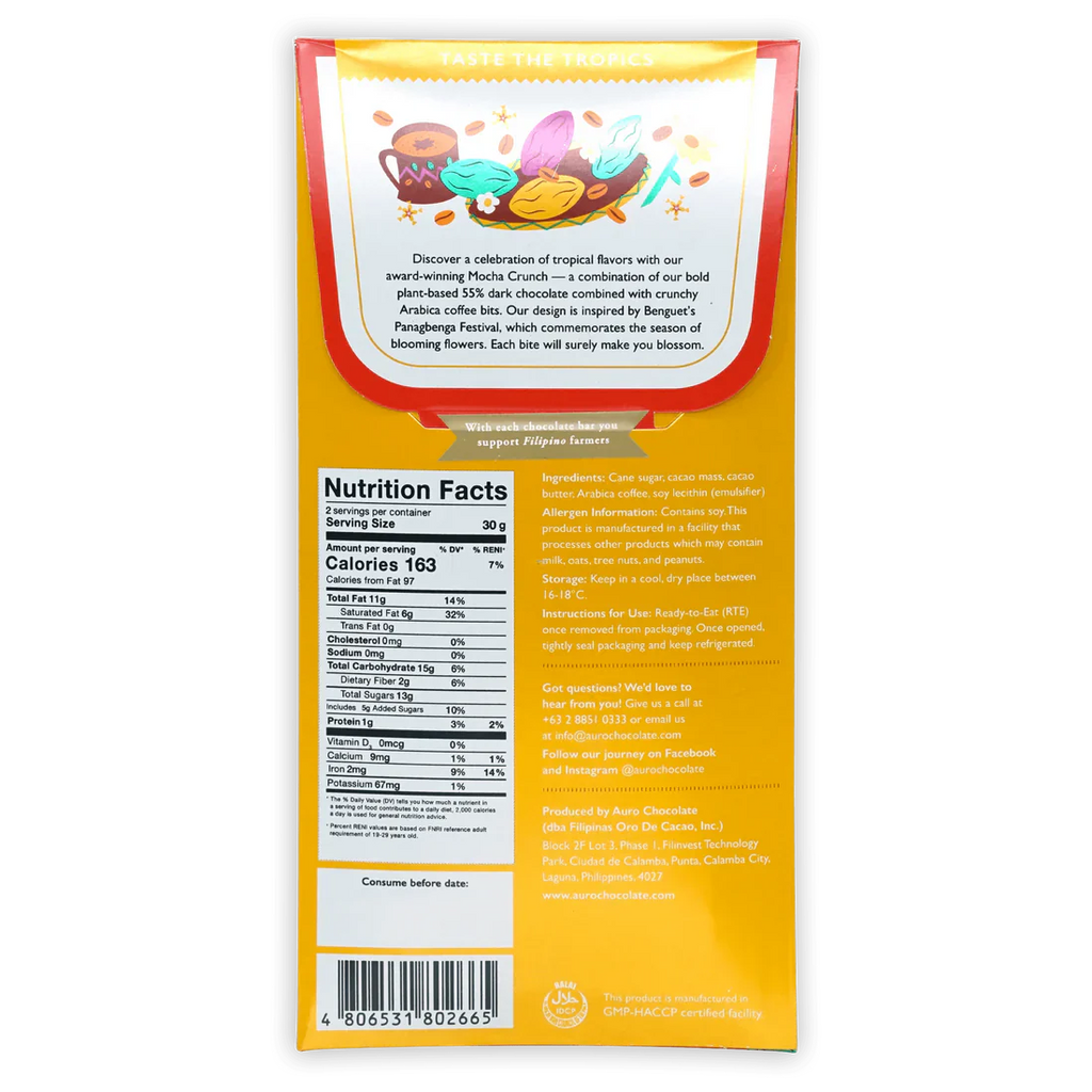 The back of Auro Chocolate's wrapped Dark Mocha Crunch 55% Chocolate Bar.