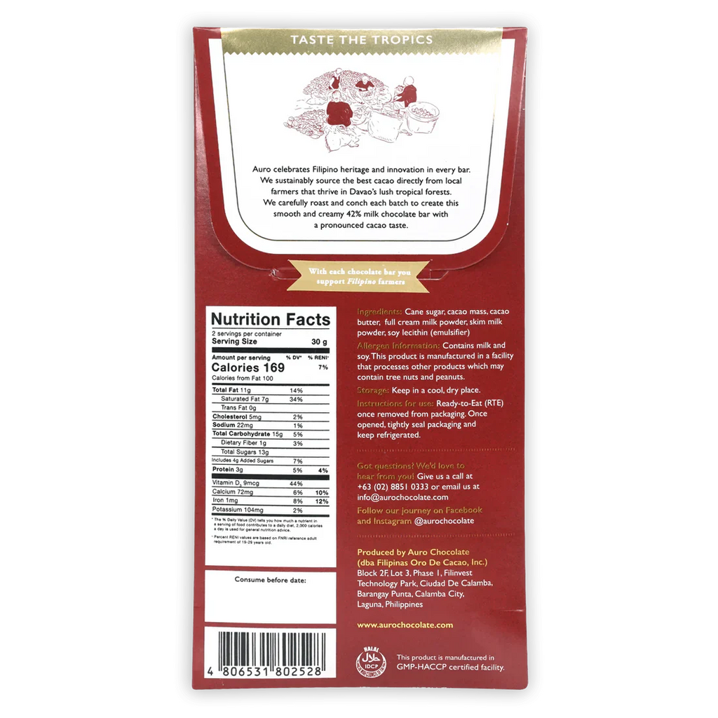 The back of Auro Chocolate's wrapped 42% Milk Chocolate Bar.