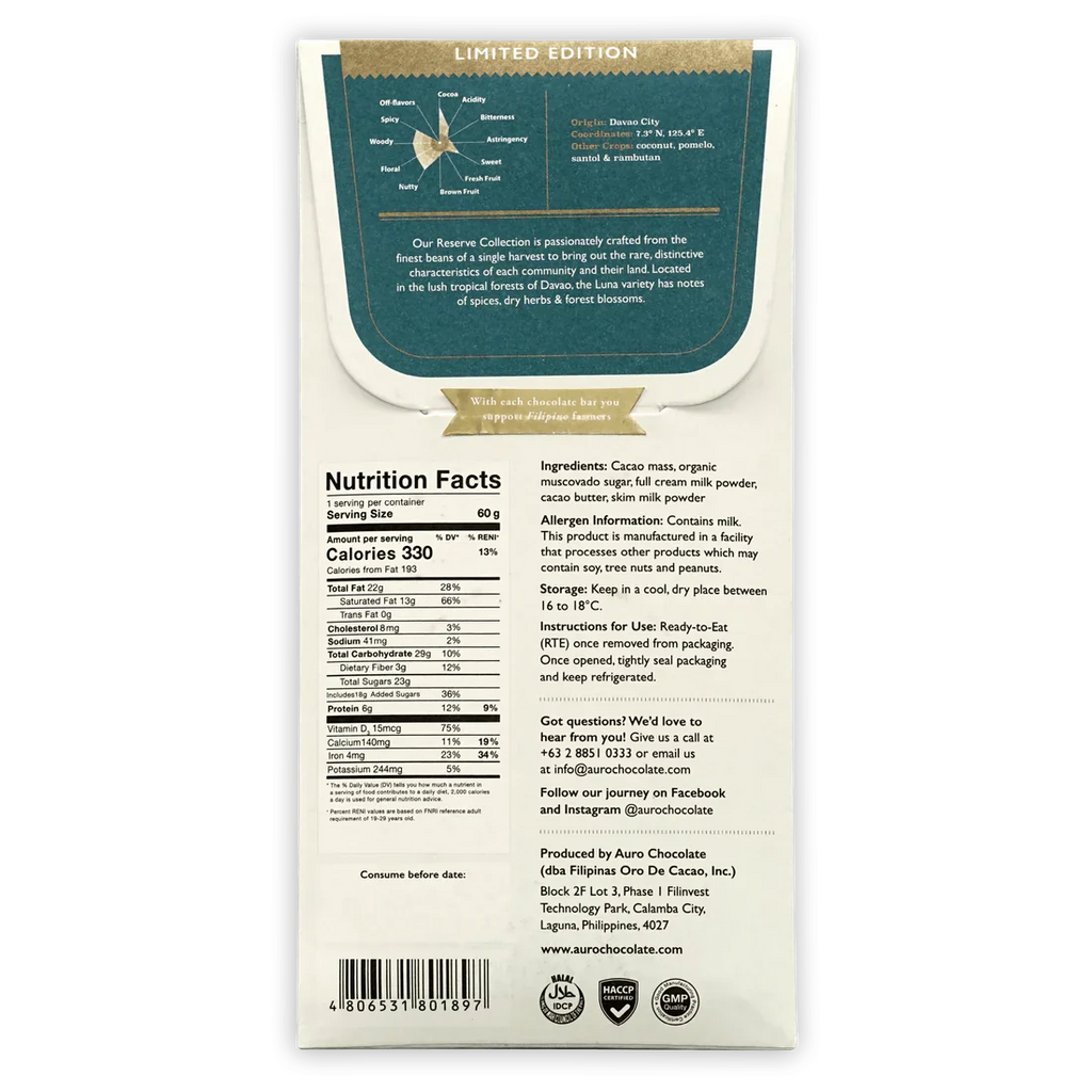 The back of Auro Chocolate's wrapped Reserve Luna Dark Milk 50% Chocolate Bar.