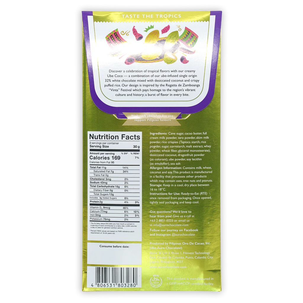 Nutrition facts and ingredients for Ube White Chocolate w/ Coconut & Puffed Rice 32% bar from Auro Chocolate