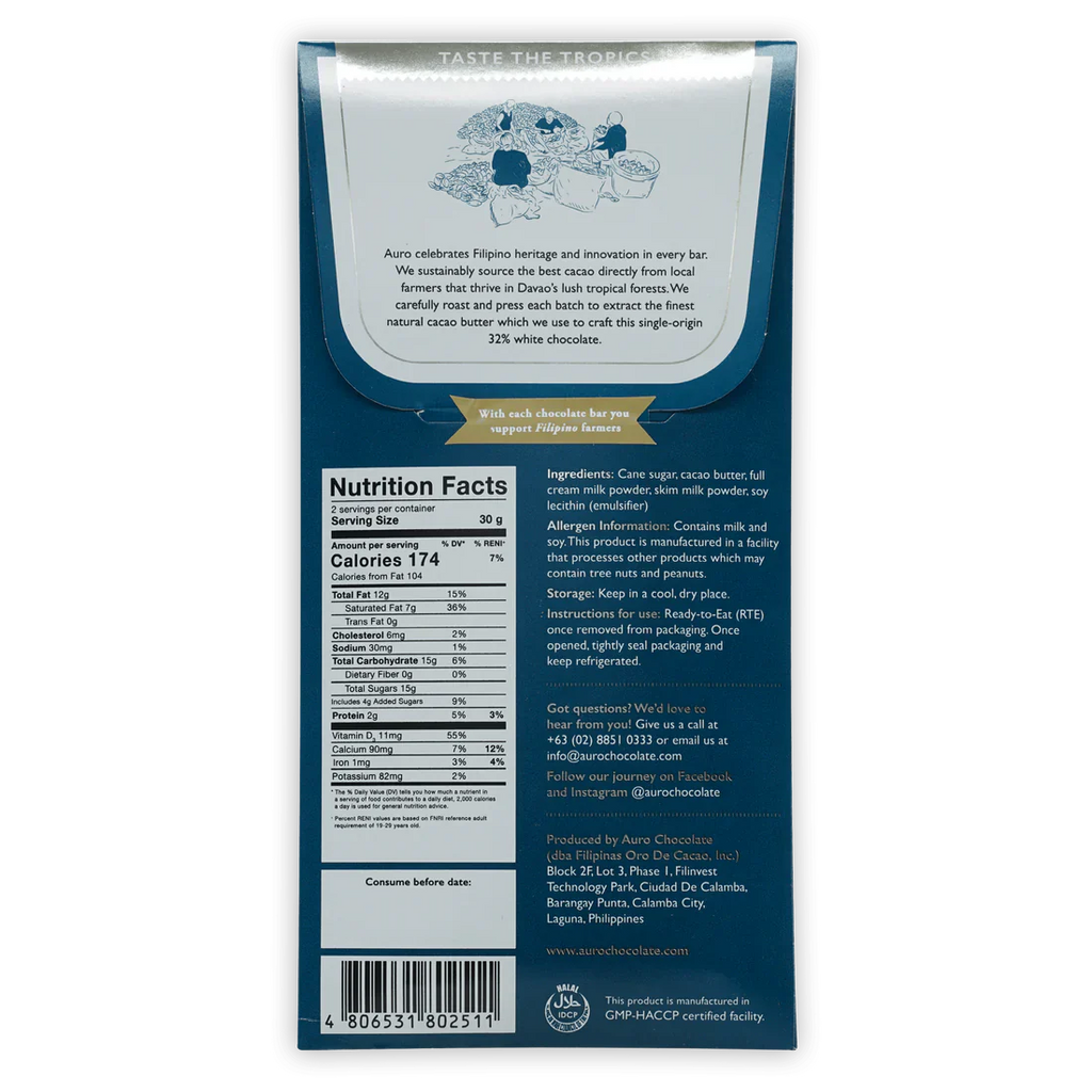 The back of Auro Chocolate's wrapped 32% White Chocolate Bar.