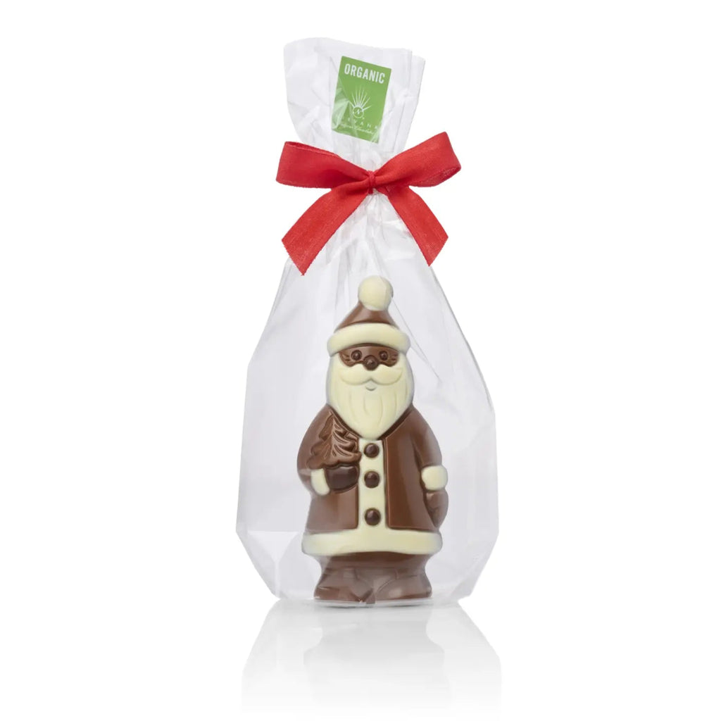 Nirvana Chocolate Santa figure in a clear bag with a red ribbon on a white background