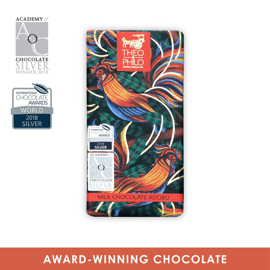 Milk Chocolate Adobo against a white background with "Award-Winning Chocolate" banner, and two award stamps on the left