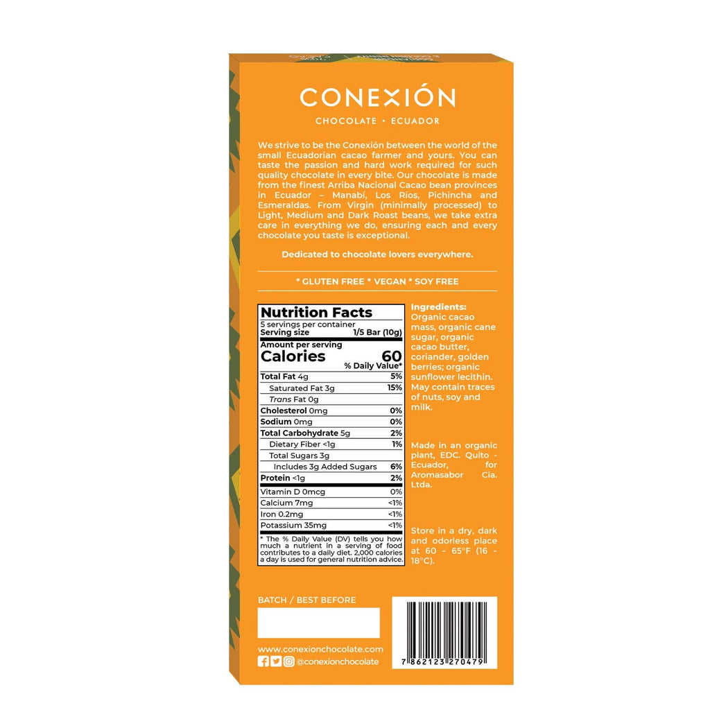 Nutrition facts and ingredients for Coriander & Golden Berry 70% against a white background