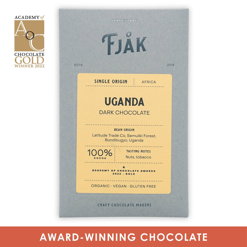 Dark Chocolate Bar Uganda 100% (Organic) with "Academy of Chocolate Gold Winner 2022" stamp in the upper left corner