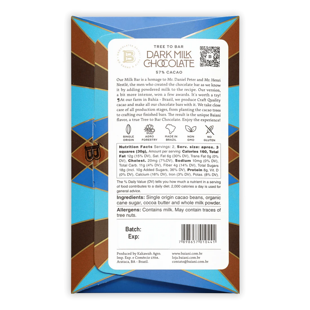 Nutrition facts and ingredients for Dark Milk 57% bar from Baianí Chocolates