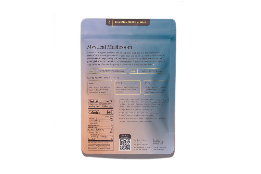 Nutrition facts and ingredients for Mystical Mushroom Enhanced Organic Ceremonial Cacao