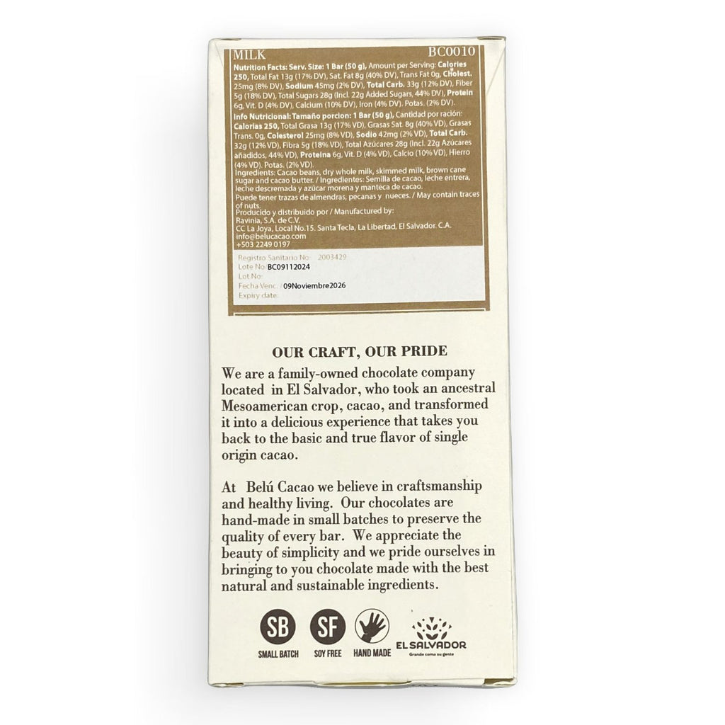 Nutrition facts and ingredients for Milk Chocolate 50% bar against a white background