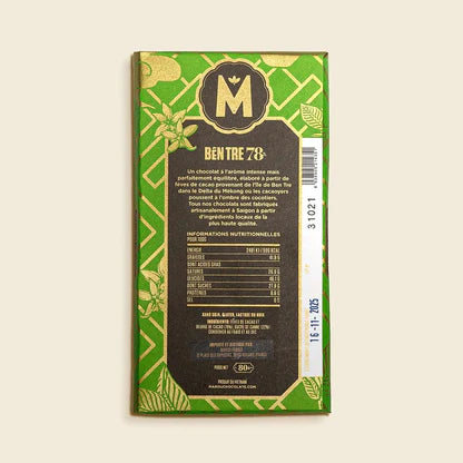 The back of Marou Ben Tre 78% Single Origin Chocolate Bar packaging with nutrition information and ingredients branding on a light background