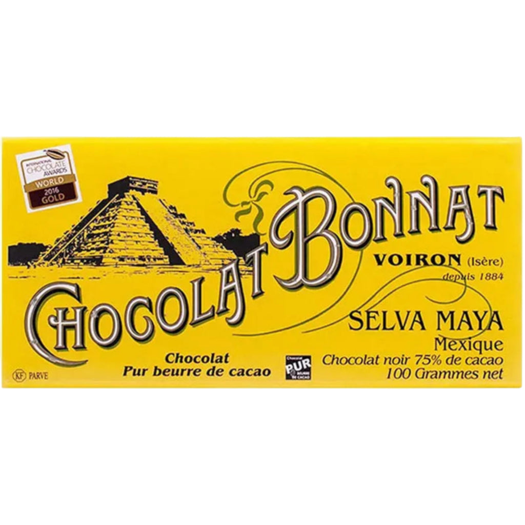 Chocolat Bonnat Selva Maya chocolate bar packaging with pyramid illustration on a white background