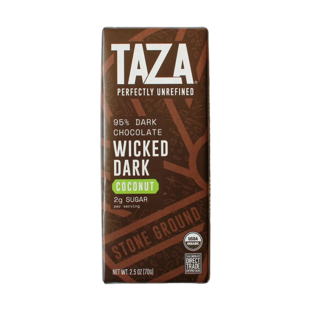 Taza wicked dark with coconut chocolate bar packaging on a white background