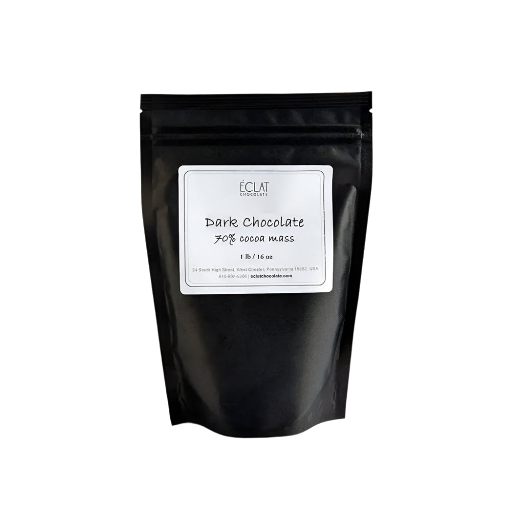 A bag of Eclat chocolate 70% dark chocolate chips on a white background