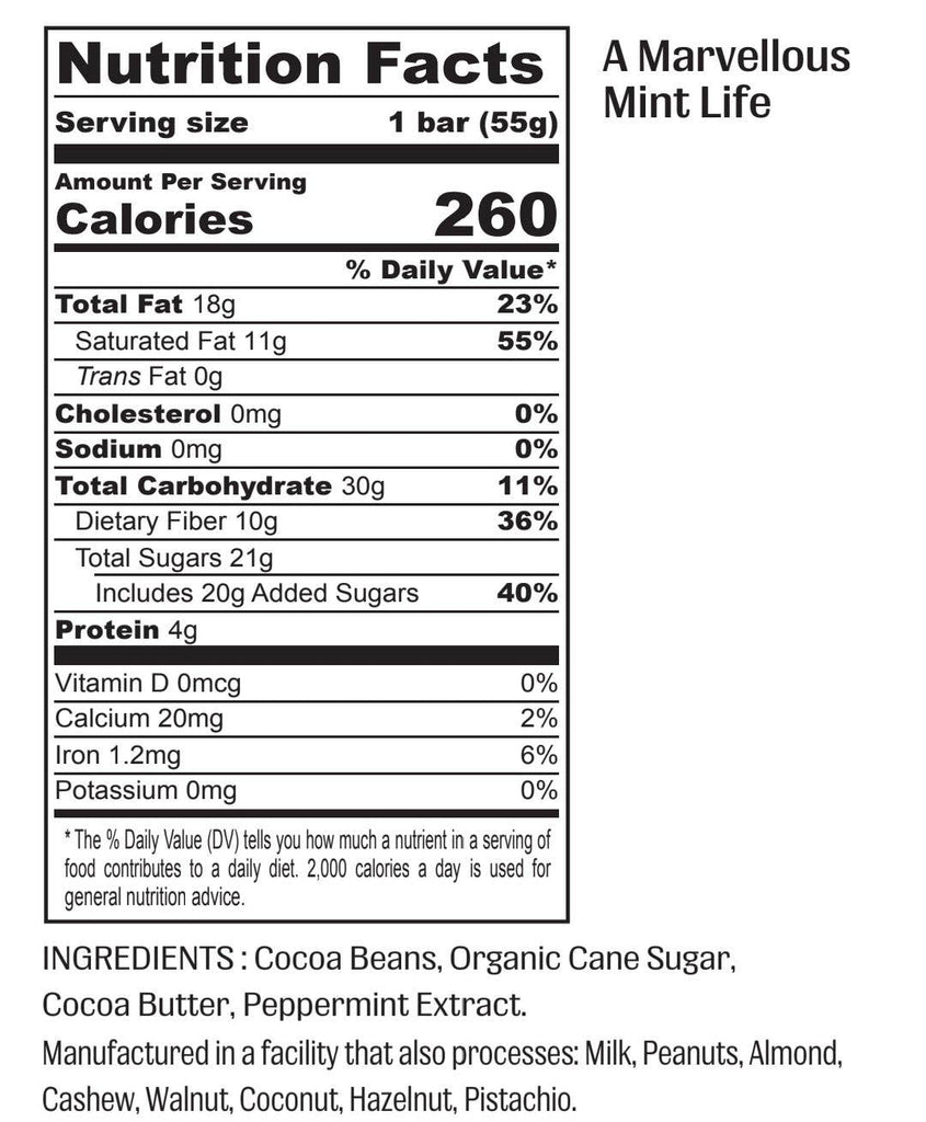 Nutrition facts of A Marvelous Mint Life chocolate bar, with its ingredients on the bottom.