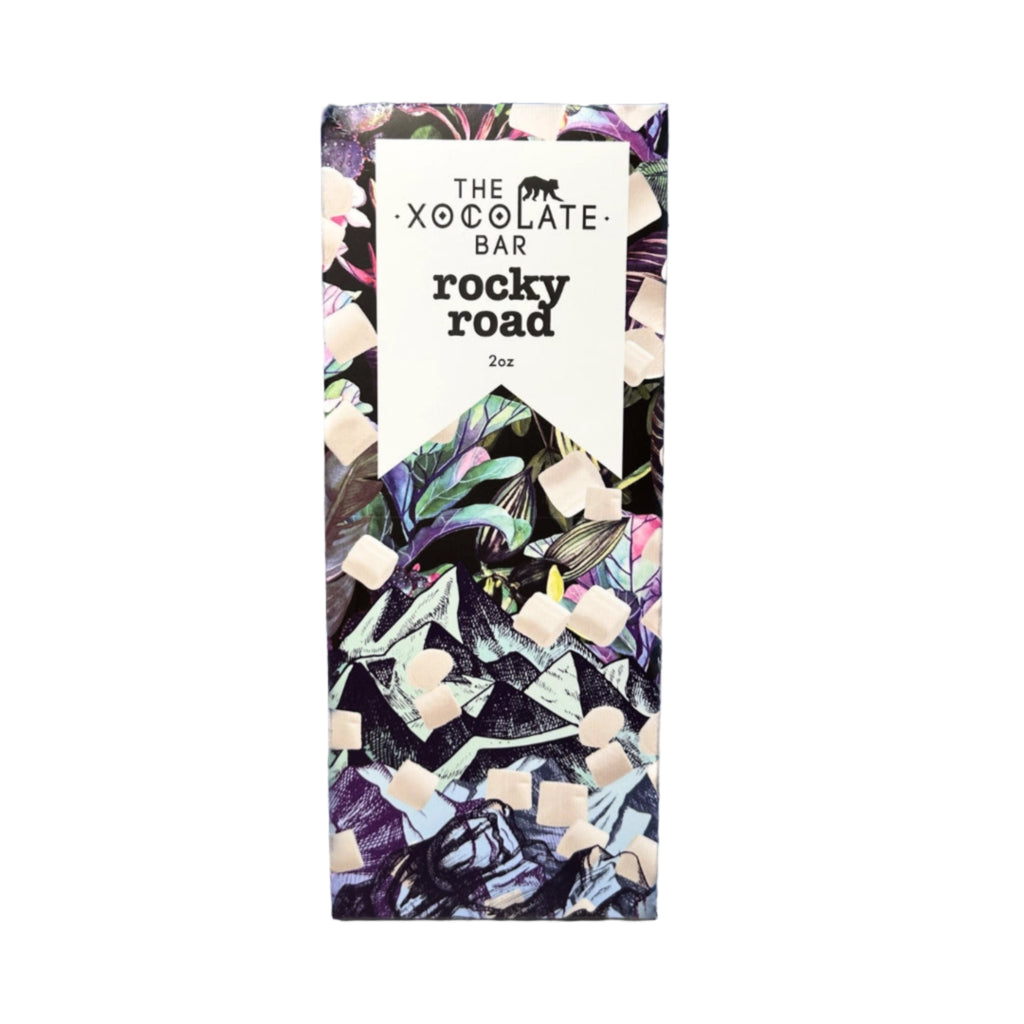 The Xocolate Bar Rocky Road chocolate bar packaging on a white background