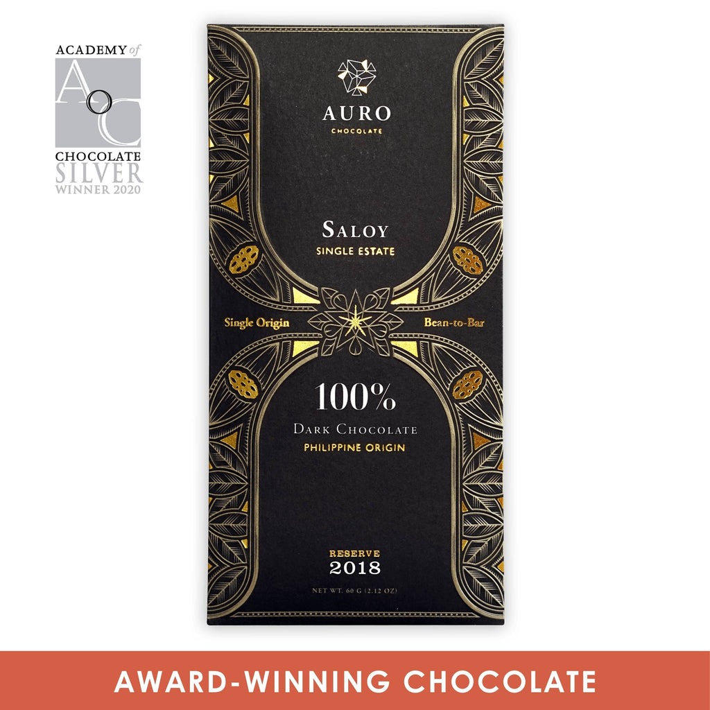 Reserve Saloy Dark Chocolate 100% with "Award-Winning Chocolate" banner