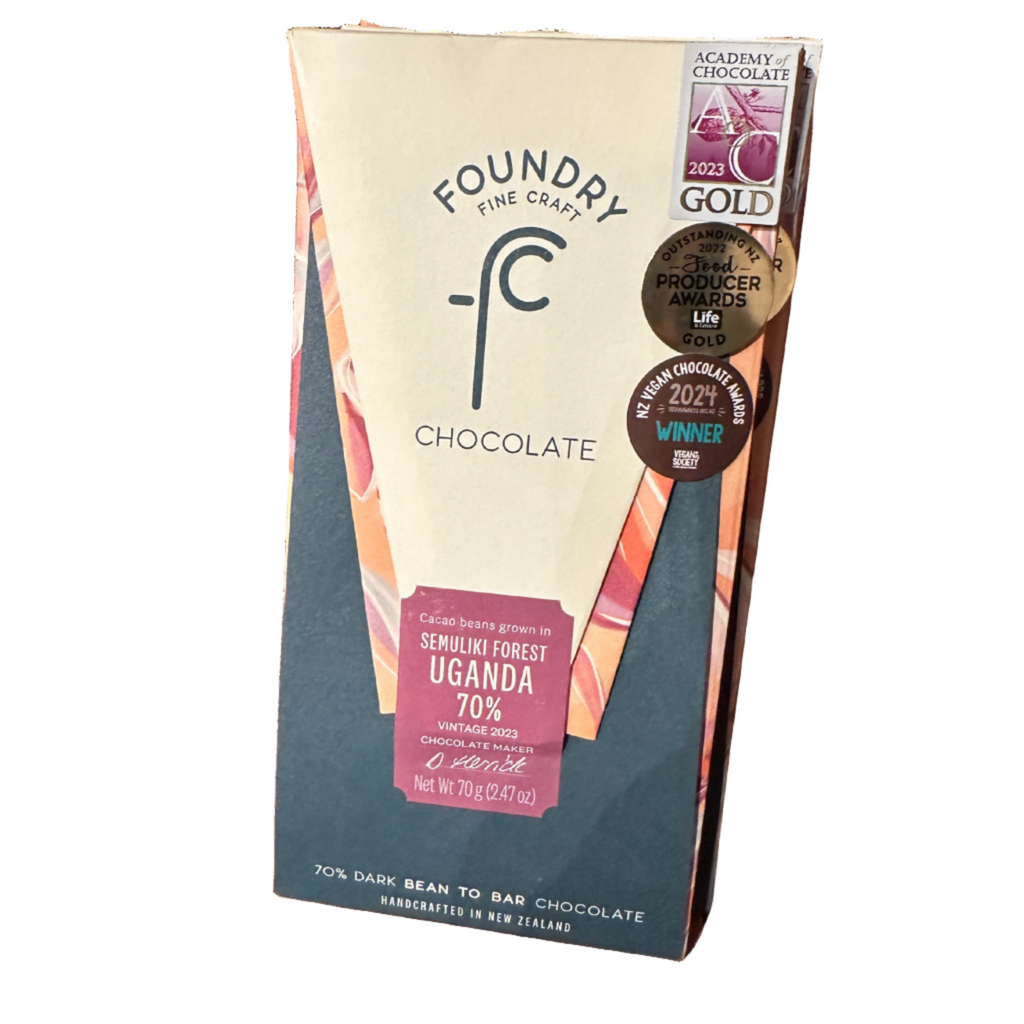 Foundry Chocolate Semuliki Uganda chocolate bar packaging with branding and product details on a white background