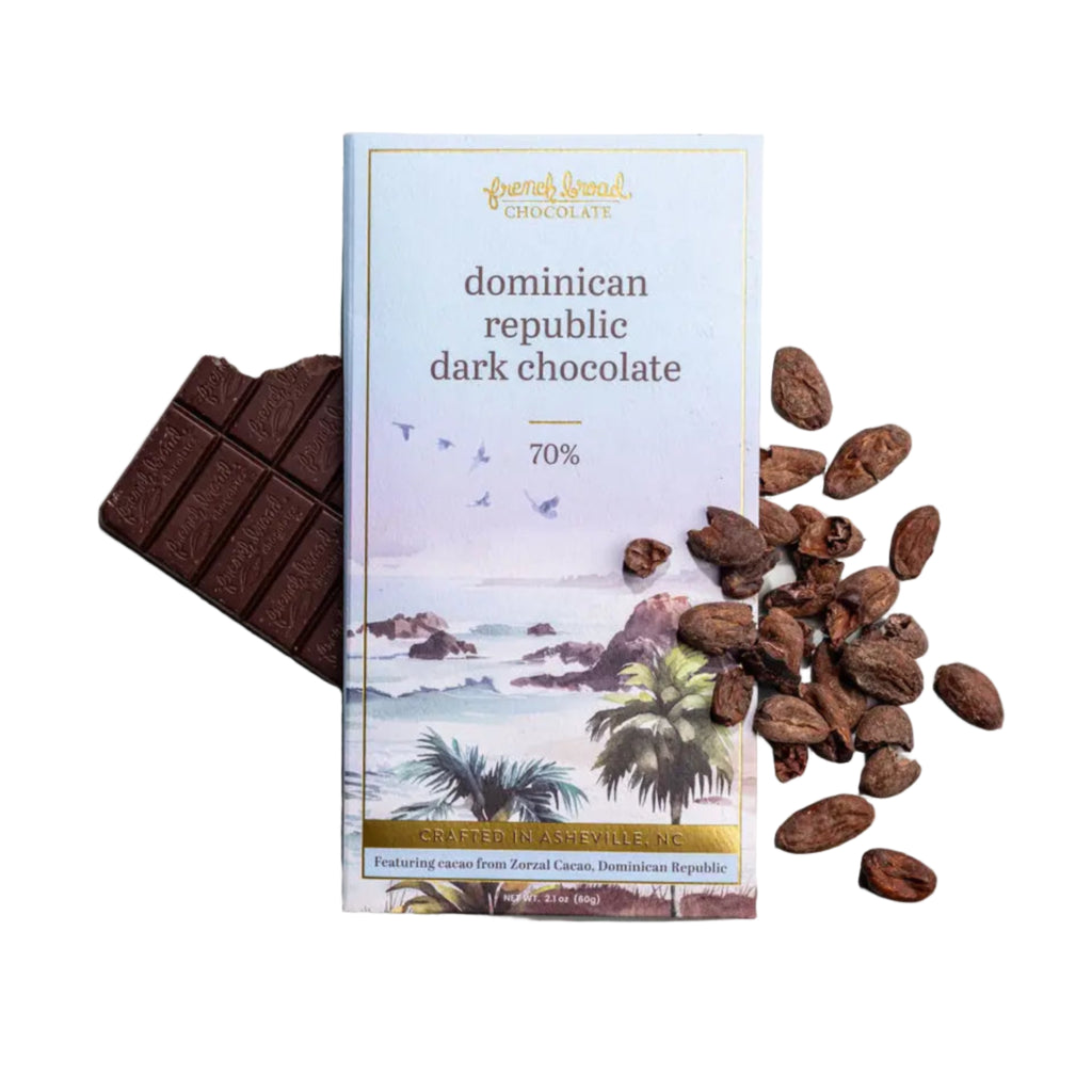 Dominican Republic Chocolate Bar 70% and cacao beans against a white background