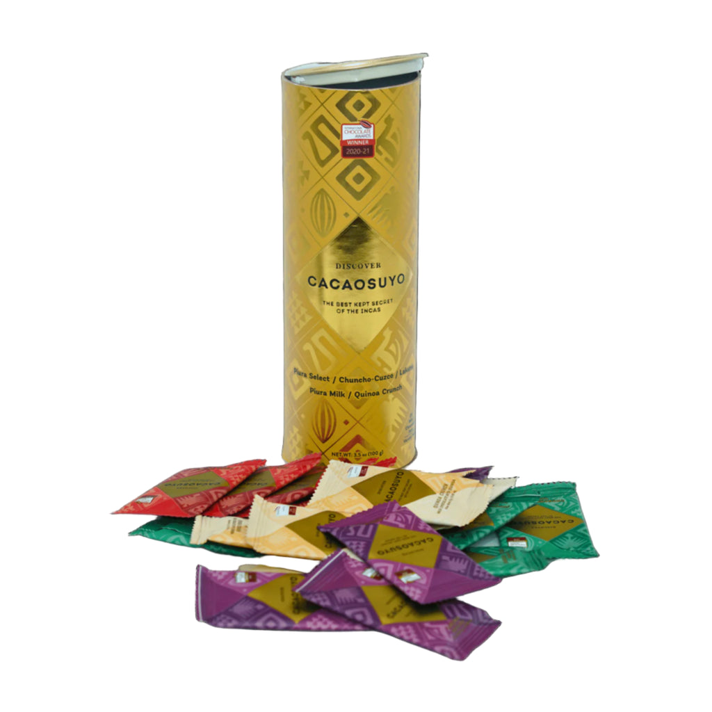 Cacaosuyo Assorted Napolitans Tube packaging with mini bars on a white background
