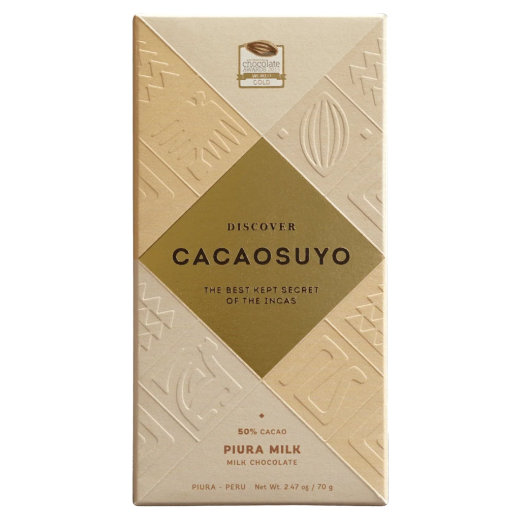 Cacaosuyo Piura Milk 50% chocolate bar packaging with geometric design on a white background