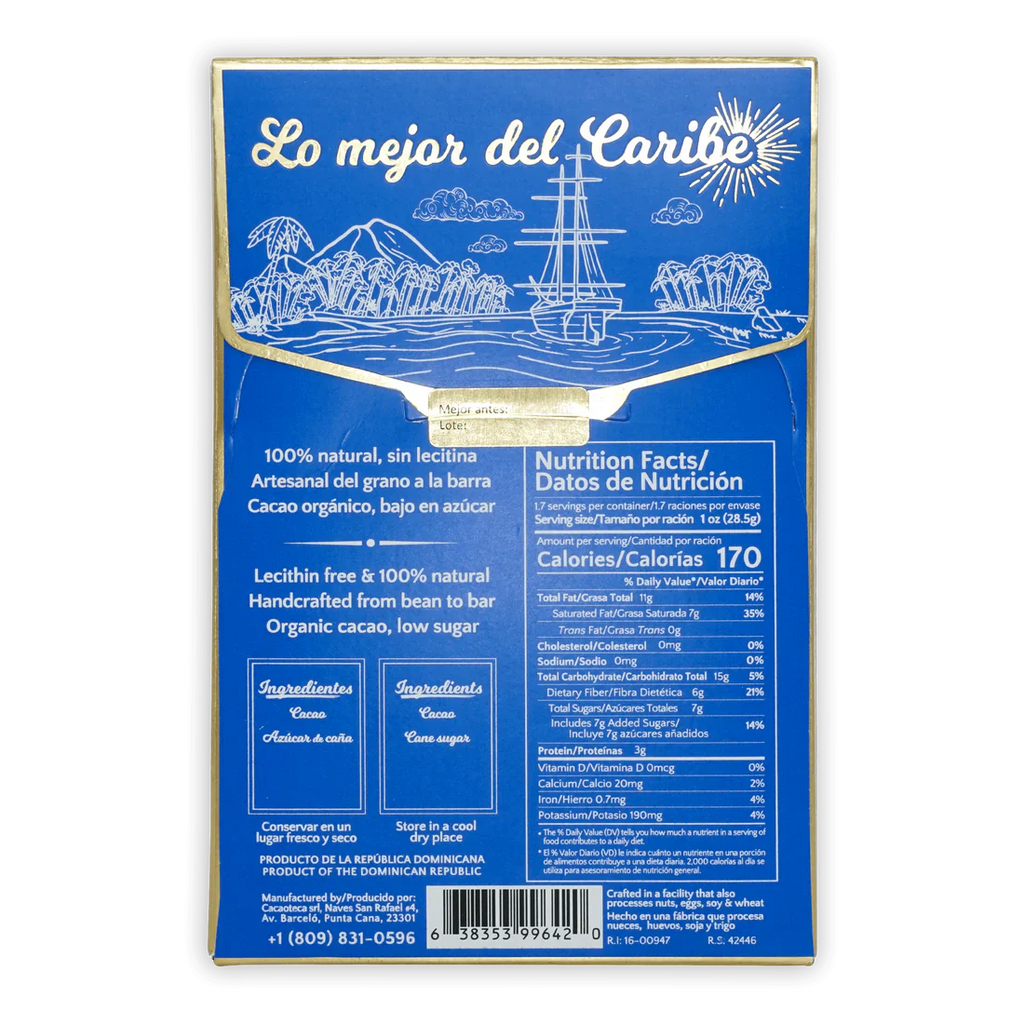 The back of a wrapped Cacaoteca Dark Milky 51% Chocolate Bar.