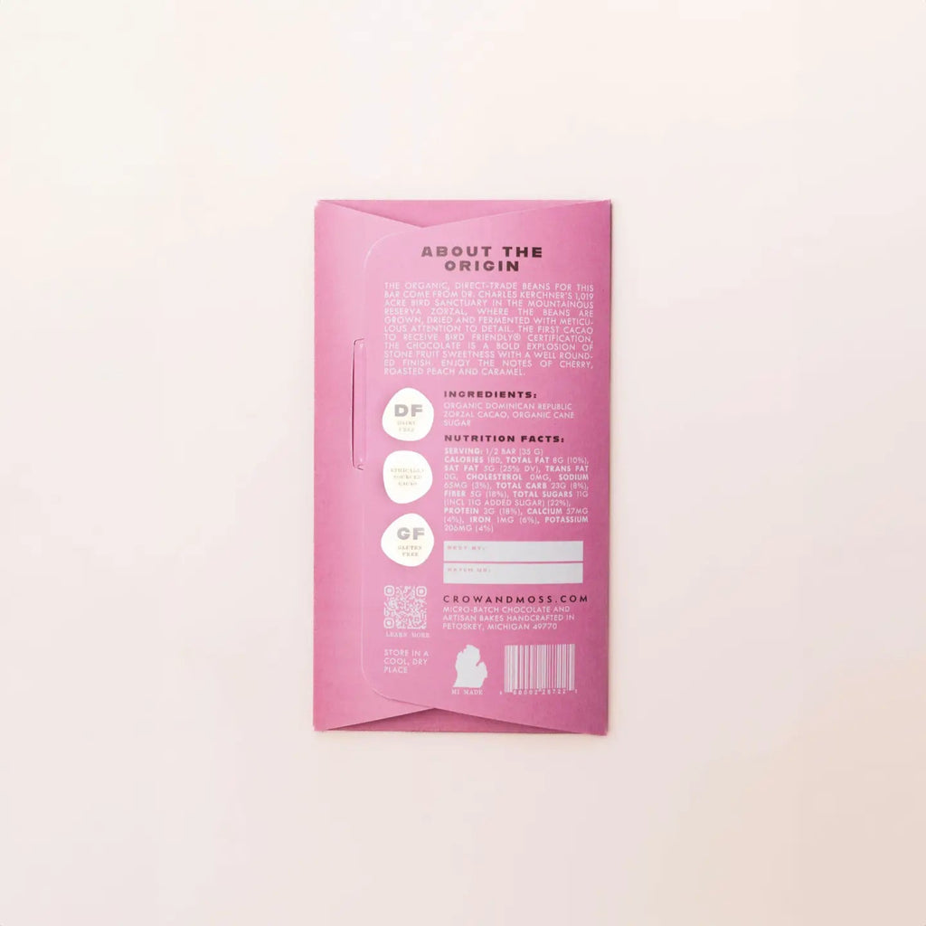 Crow and Moss Dominican Republic zorzal single origin 70% dark chocolate bar packaging with nutrition and ingredients against a light background