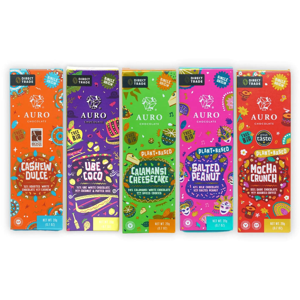Five Auro chocolate bars with colorful packaging on a white background
