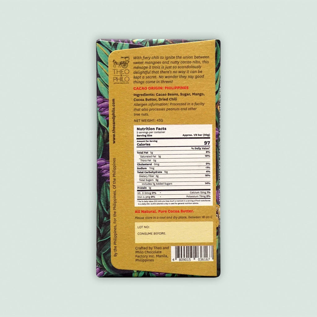 Nutrition facts and ingredients for 65% Dark Chocolate w/ Mango, Chili & Nibs