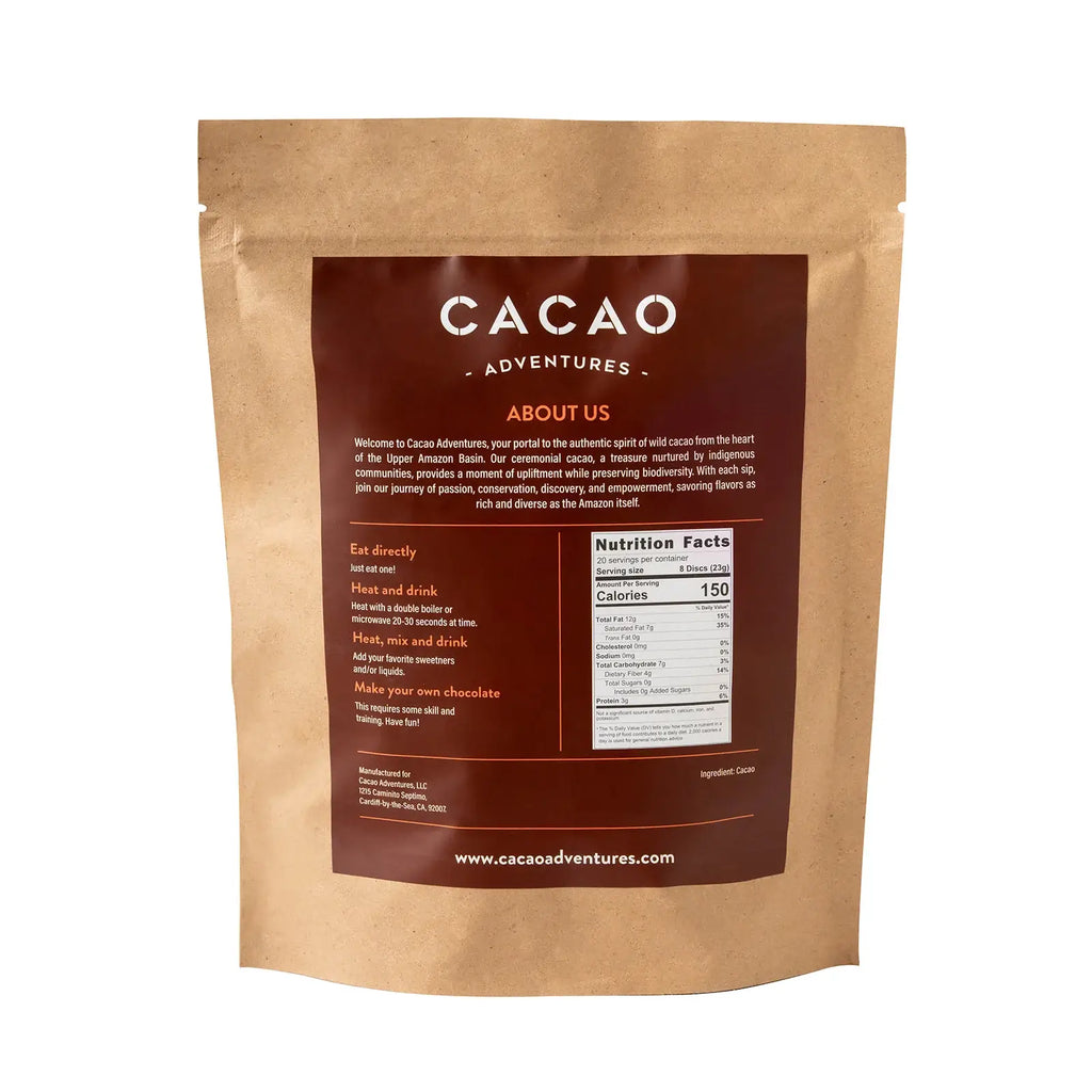 Nutrition facts and ingredients for High-Amazon Basin Ceremonial Grade Cacao from Cacao Adventures against a white background