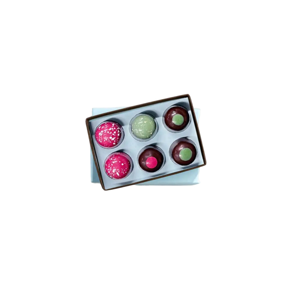 Box of French Broad Chocolates Holiday Collection of Bonbons - 6pc against a white surface