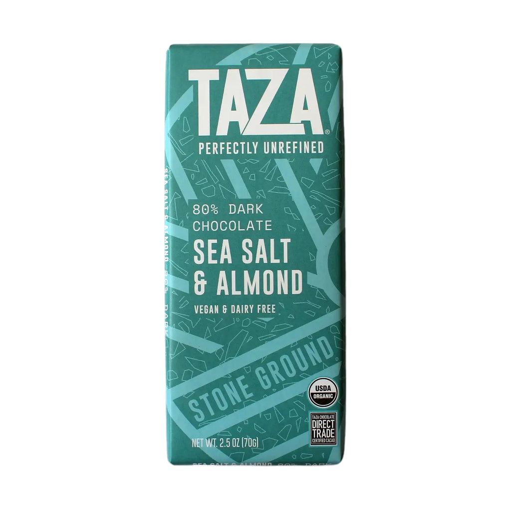 Taza 80% dark chocolate sea salt and almond chocolate bar packaging with teal design on a white background