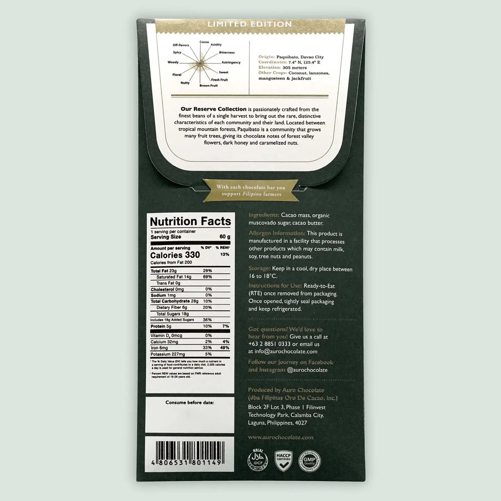 Nutrition facts and ingredients for Reserve Paquibato Dark 70% against a light blue background