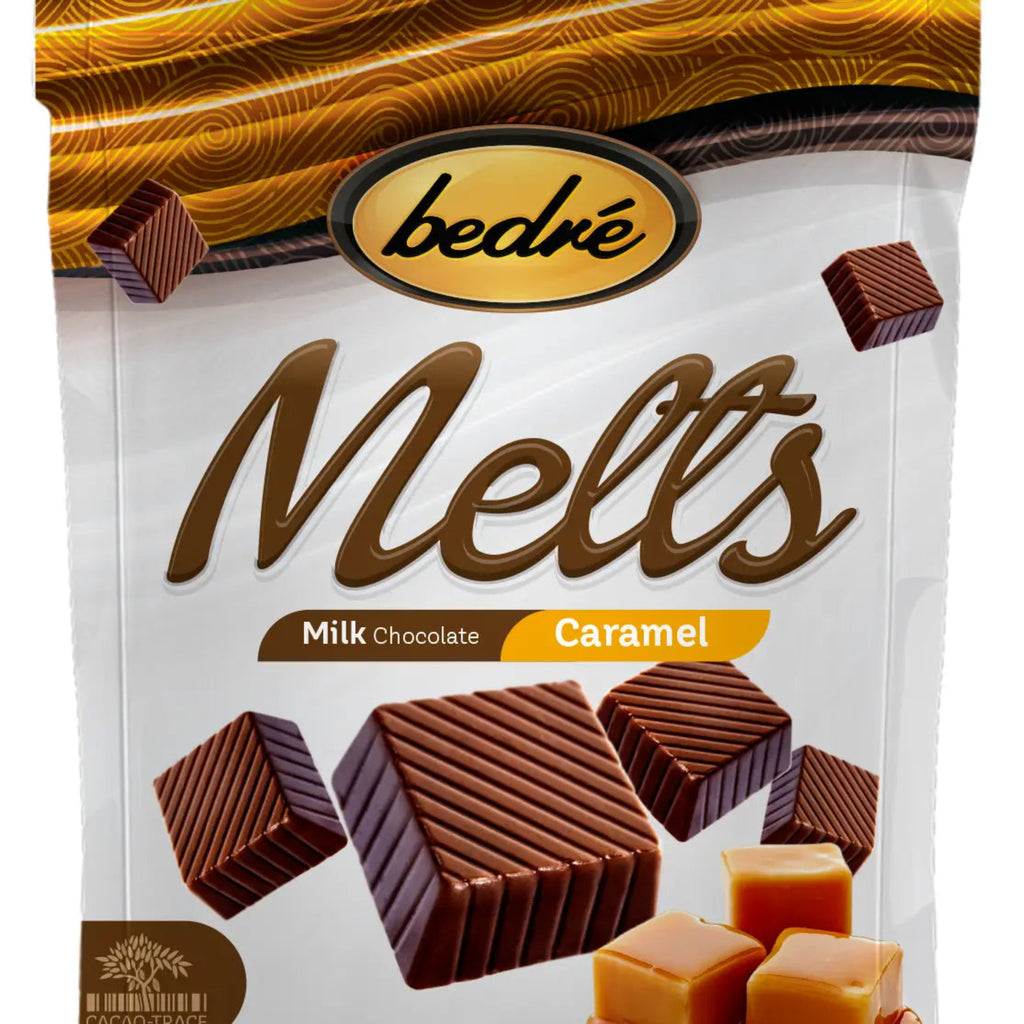 Packaging of Bedre Melts Milk Chocolate Caramel candies with brand logo on a white background