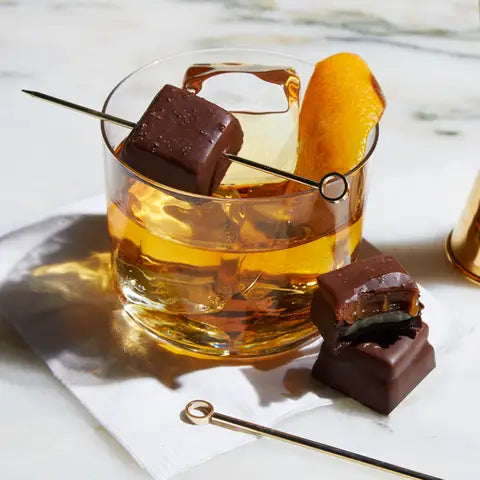 Dark Chocolate Marshmallows w/ Blood Orange Hibiscus Caramel in a cocktail