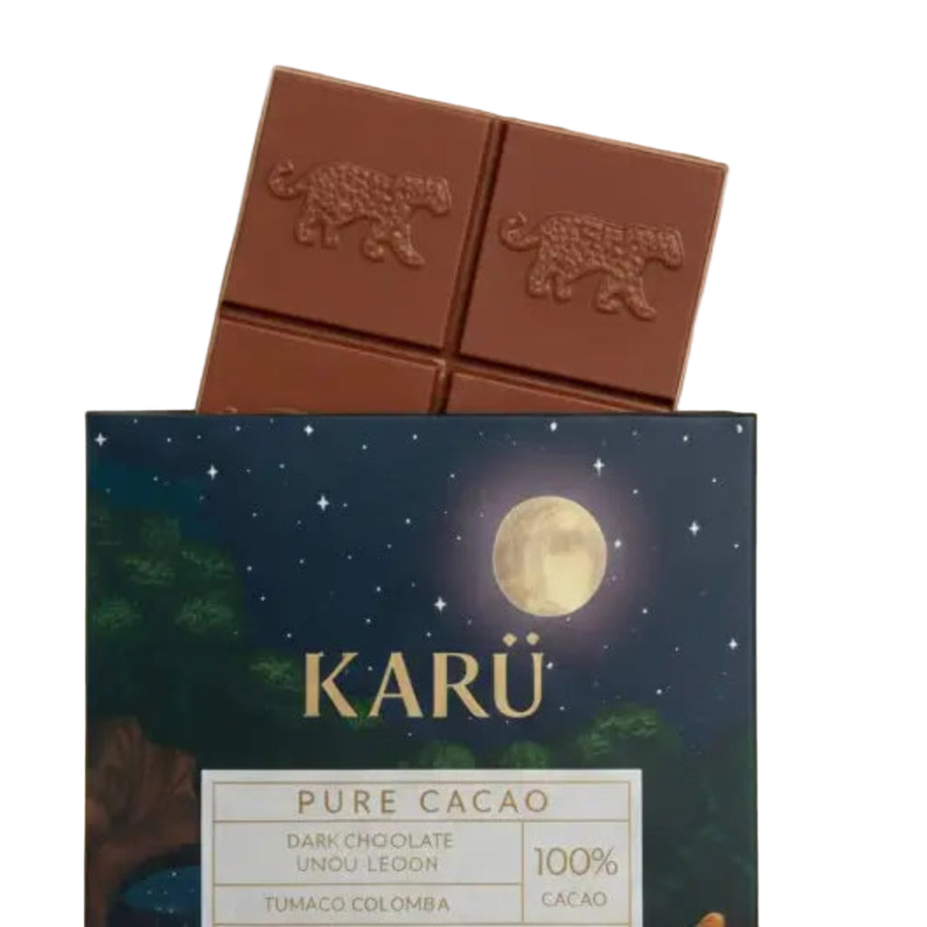 Karü 100% Single Origin Dark Chocolate - Tumaco bar aginst a white background