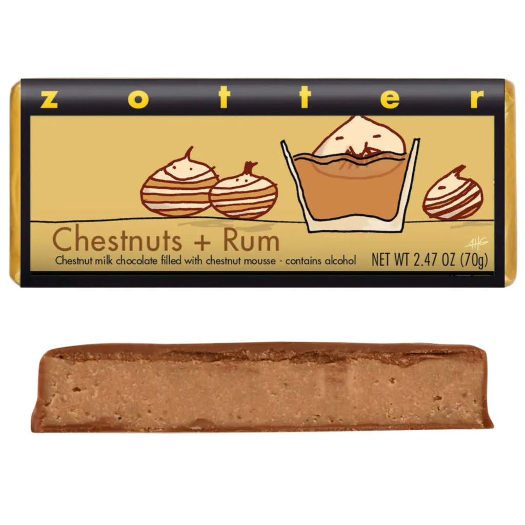 Zoletter Chestnuts + Rum chocolate bar with packaging on a white background