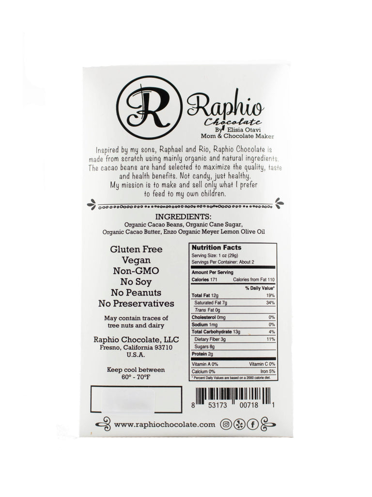 Ingredients and nutrition facts for Meyer Lemon Olive Oil Chocolate 72% Dark