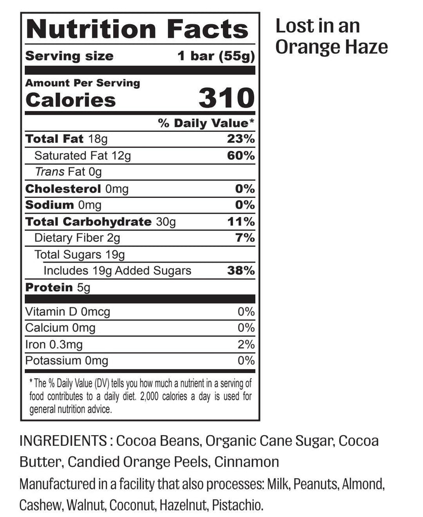 Nutrition facts for "Lost in an Orange Haze" bar