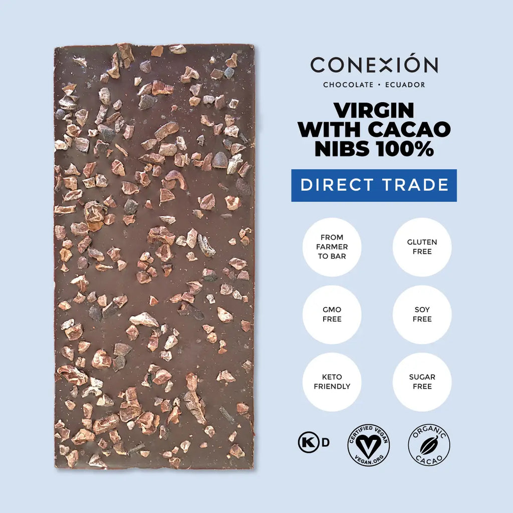 An unwrapped Heirloom Raw 100% Dark w/ Cacao Nibs bar with nutrition facts to the right of it, against a light blue background