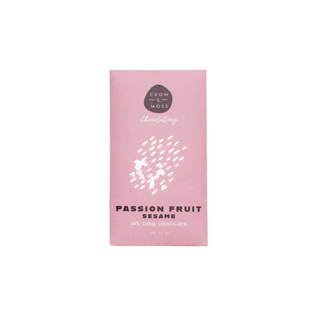Passion Fruit Sesame Dark Chocolate Bar 68% packaging with 'Passion Fruit Sesame' text on a white background
