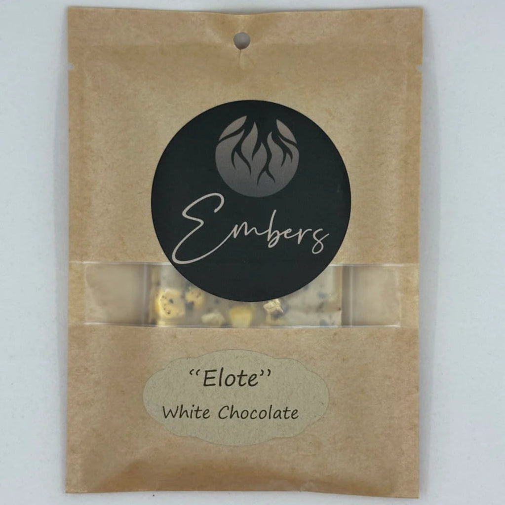 Embers "Elote" White Chocolate bar packaging against a white background