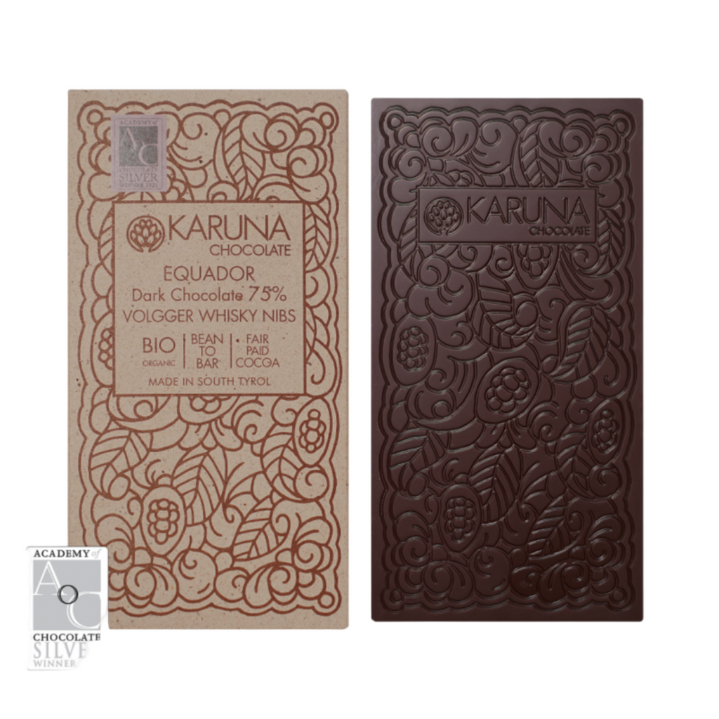 Karuna chocolate Volger whisky 75% bar with packaging on a white background
