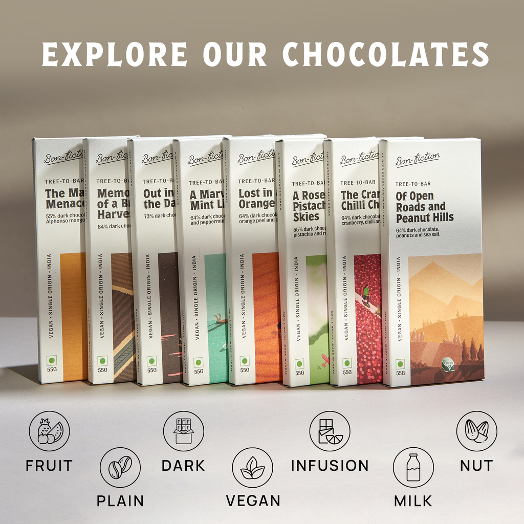 Multiple chocolate bars from Bon Fiction, standing upright on a white table, wit nutrition facts on the bottom of the picture.